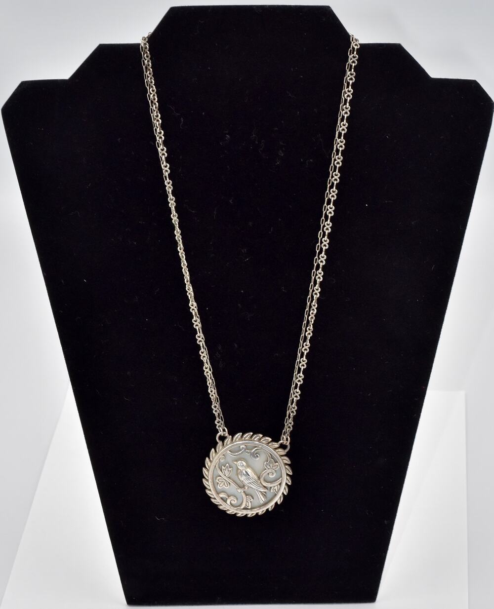 Brighton SONGBIRD Round Silver Filigree Mother-of-Pearl Pendant Necklace